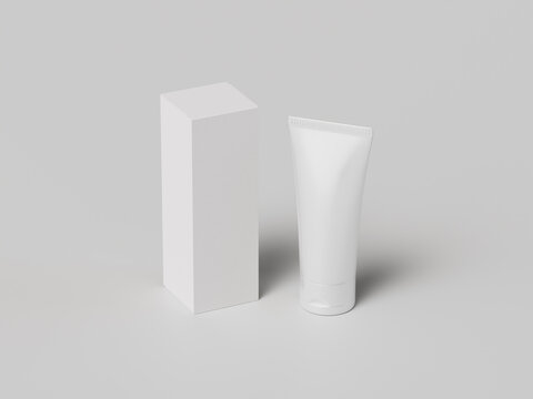 3D Render Blank Cosmetic Tube and Box Packaging Mockup