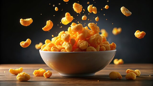 Cheese puff snacks falling into bowl