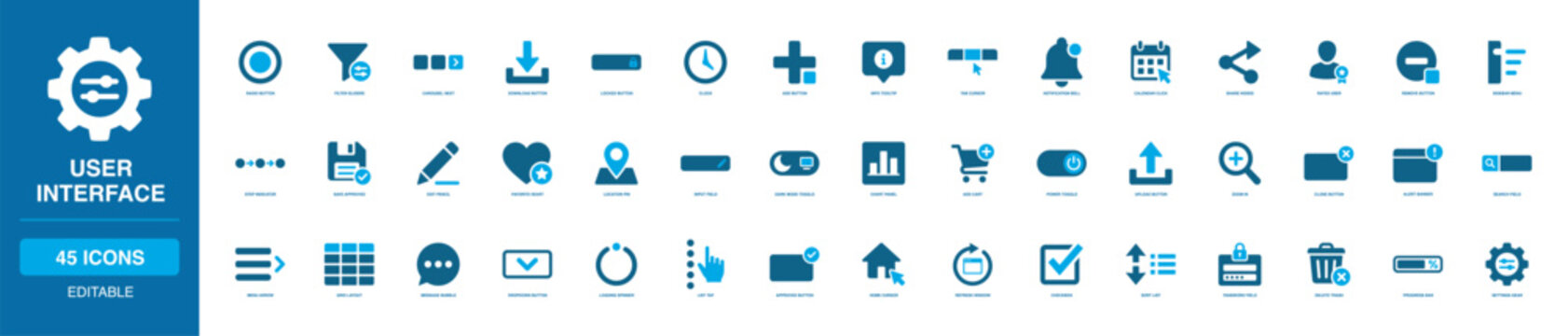 User Interface Solid Icon Set with radio button, filter sliders, carousel next, download button, locked button, calendar click, share nodes, chart panel, search field and progress bar