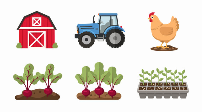 Farming Icons: Barn, Tractor, Chicken, Beets, Seedlings