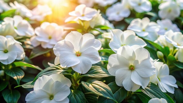 Beautiful clusters of white impatiens flowers
