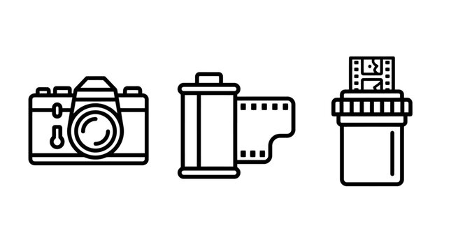 Set of analog photography equipment icons including camera and film rolls with photography negative photographer equipment darkroom exposure supplies collection graphics creative minimalist