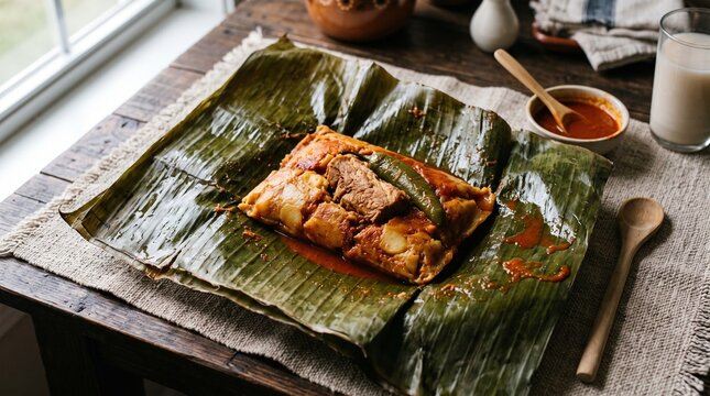 Traditional Guatemalan Paches Tamale on Banana Leaf