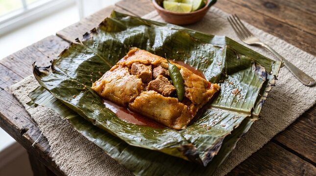 Traditional Guatemalan Paches Tamale on Banana Leaf