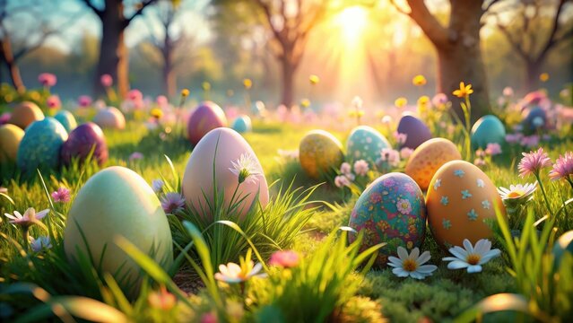 Pastel easter eggs hidden in a sunny spring garden