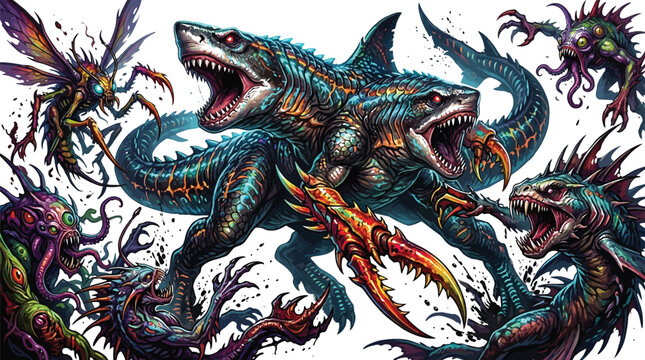 Fantasy monster creatures, colorful dragons, mythical beasts, vector illustration set