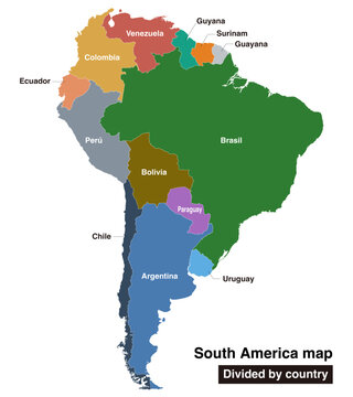Extremely detailed South America map with country names, divisible