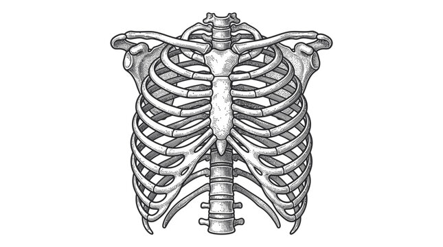 Anatomical drawing of human rib cage and sternum, isolated on white background