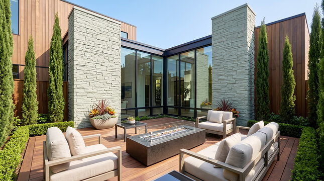 Outdoor lounge area with a rectangular stone fire pit, beige cushioned armchairs, and a sofa on a wooden deck against a glass-walled home