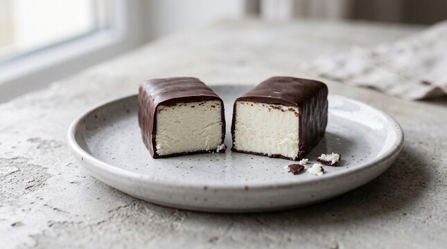 Classic Estonian Kohuke Curd Snack Halved on Plate