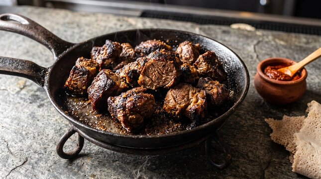 Classic Ethiopian Derek Tibs Fried Meat on Skillet