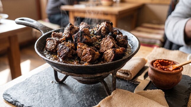 Classic Ethiopian Derek Tibs Fried Meat on Skillet