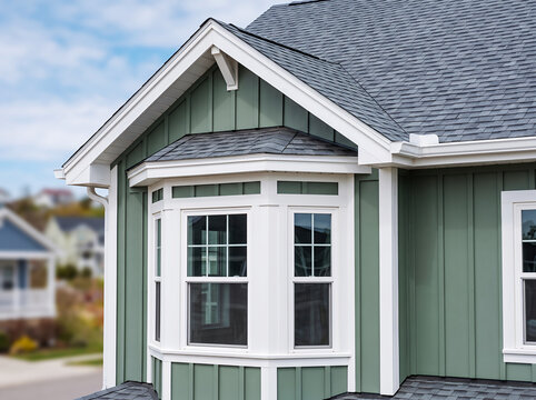 Sage green board and batten siding on a house exterior with a white-trimmed bay window, gray asphalt shingle roof, and gable roofline
