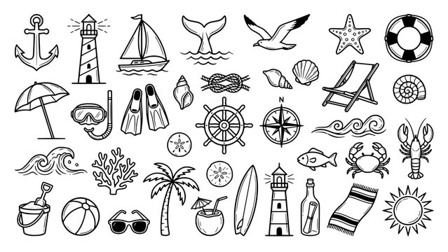 Beach activity and seaside elements hand drawn sketch icons with vacation nautical lighthouse