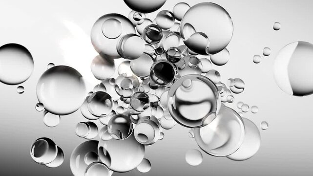 Transparent bubbles on a white background, liquid spheres floating in space, abstract 3d animated video with glow and glare, cosmetic products, science, technology and the concept of molecular design.