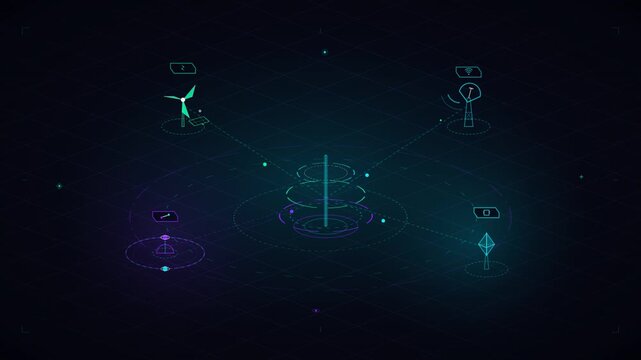 Isometric digital data network with interconnected technology icons