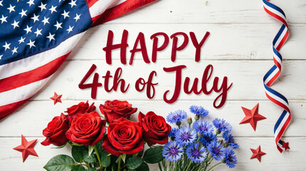 Obraz premium Patriotic Happy Fourth of July sign with American flag ribbon flowers stars celebrating freedom.