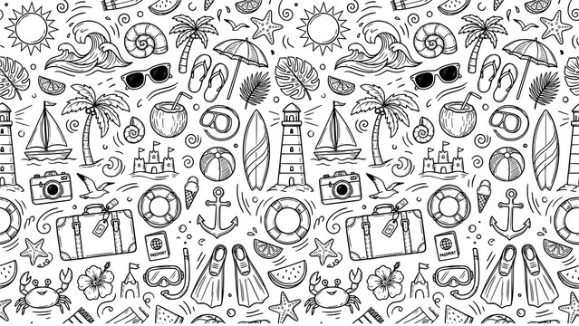 Seamless pattern of hand drawn summer beach vacation icons with flip flops seamless vacation