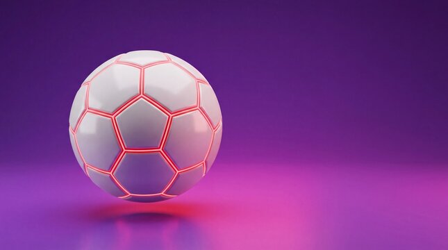 Glowing neon soccer ball on purple background with pink lines purple white soccer neon light illuminated football colorful gradient sports object shiny with game