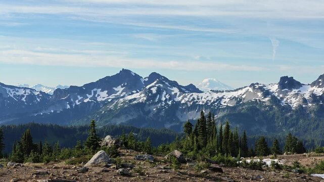Panoramic view of Mount Rainier and Cascade Range mountains in Washington