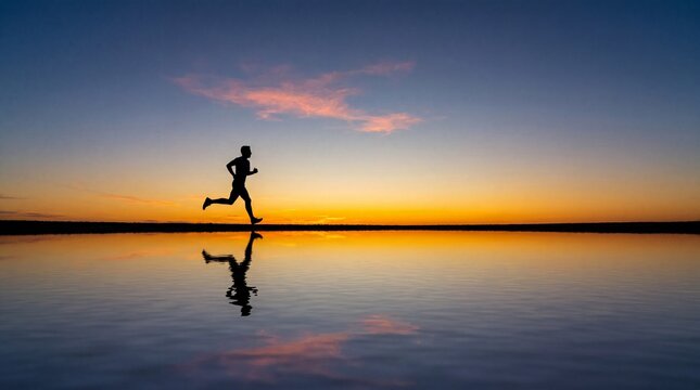 Silhouette of a man running on a serene lake at sunset with during vibrant sunset running along calm edge during lake s reflection serenity peaceful exercise with outdoors
