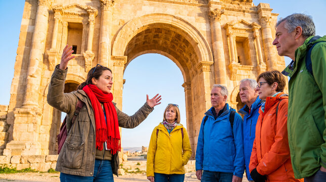 Female tour guide wearing a red scarf, with a group of senior tourists, gesturing and explaining history in front of an ancient stone archway, at an archaeological site, travel photography