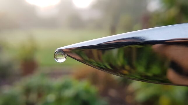 A glistening morning dew drop delicately balances on the sleek, reflective surface of a metallic object, capturing the serene beauty of nature's subtle details
