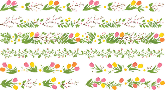 Spring floral borders and tulip dividers set with green leaves for Easter greeting card and wedding invitation graphic design