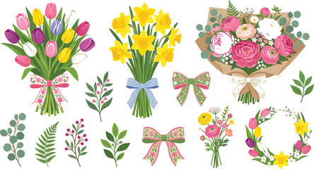 Spring floral bouquet vector clip art collection featuring colorful tulips daffodils roses wreath and bows for wedding invitation and gift greeting card surface design © AntarChandra