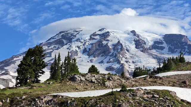 Time lapse of Mount Rainier snow cap and lenticular clouds