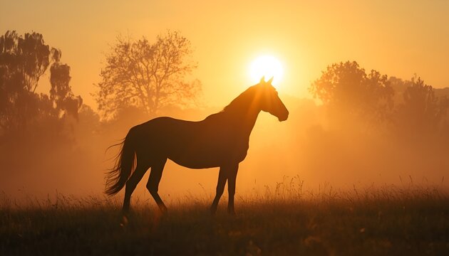 Beautiful Arabian Horse Silhouette at Sunrise with Morning Sunlight Shining Through Mist and Trees in a Serene Countryside Landscape
