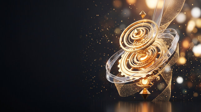 Abstract golden gears and clockwork mechanism with glass rings on dark shimmering background