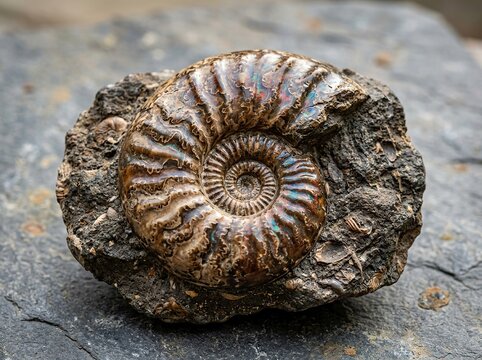 Closeup of a beautiful iridescent ammonite fossil embedded in a dark grey rock matrix, showcasing intricate spiral patterns and geological texture