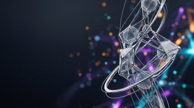 Abstract futuristic metallic wireframe structures and glowing data nodes on dark background