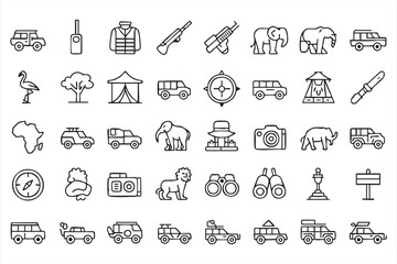 Fototapeta premium Safari Expedition Outline Icons with Elephant, Lion, Jeep, and Camping Equipment