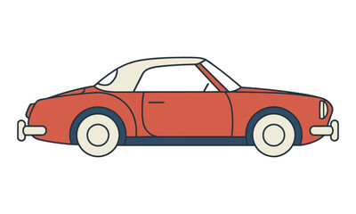 Fototapeta premium Minimalist vintage convertible car with sleek retro curves in a side profile view, bold flat color blocks on a pure white background, automotive design concept