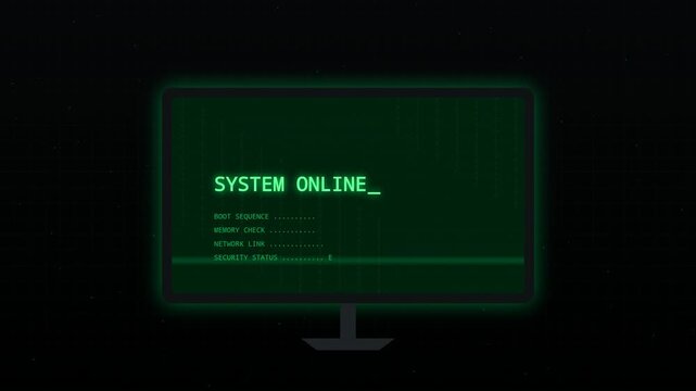 Futuristic Green Terminal Monitor Boot Sequence and System Online Command
