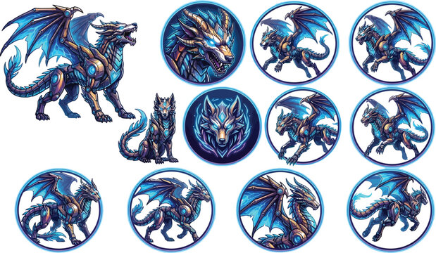 Blue dragon icons, mythical creature symbols, fantasy logos, dragon emblems, 10 pack