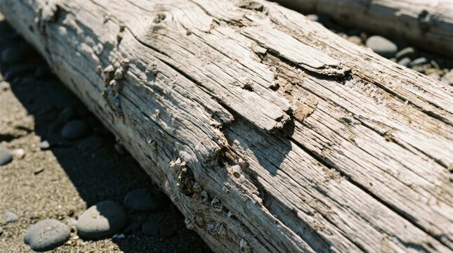 Close up of weathered driftwood with barnacles on sandy beach at low tide