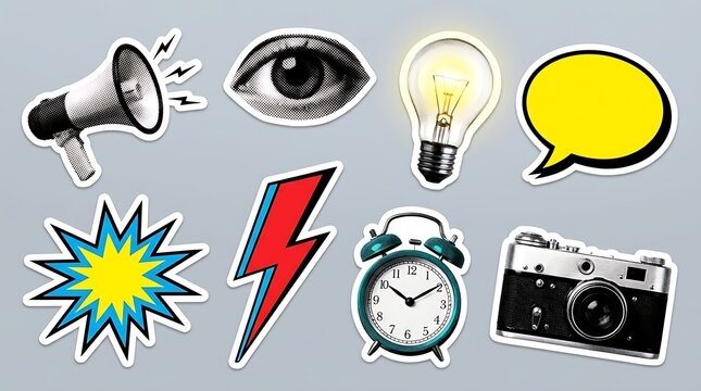 Pop art sticker collection with vintage symbols on gray background