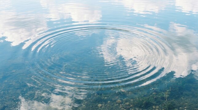 Circular ripples on clear mountain lake with submerged rocks and sky reflections