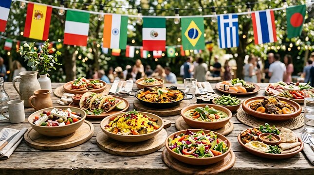 A festive outdoor dinner party with various international dishes and flags
