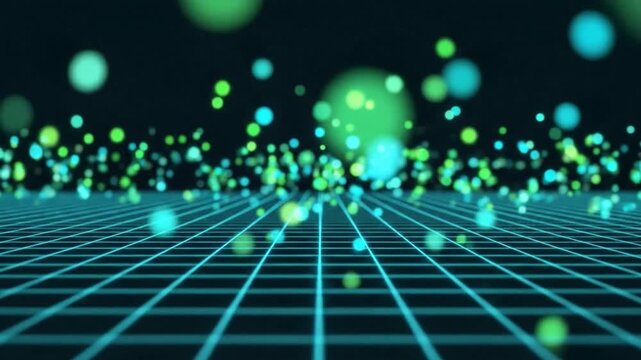 Glowing blue perspective grid with floating green and teal bokeh particles in a dark space