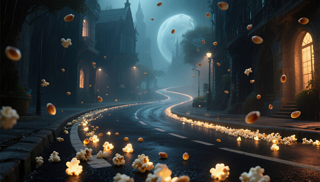Mysterious night street with popcorn scattered under full moon  