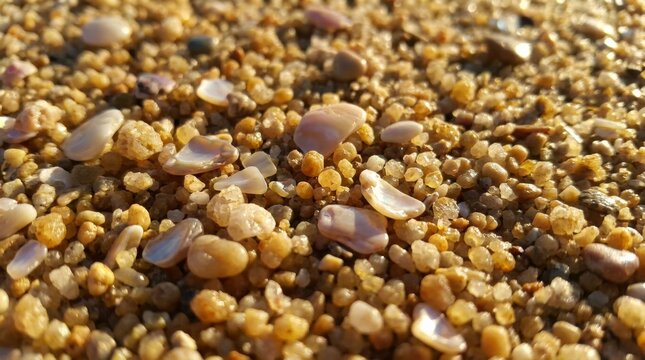 Close up of seashells, pebbles and crystals on sandy beach in golden light
