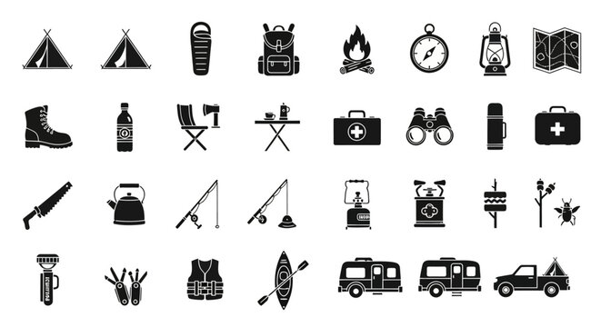 Camping and hiking equipment silhouette icon set for outdoor travel