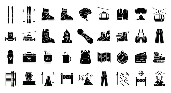Winter sports and mountain ski resort equipment icon set