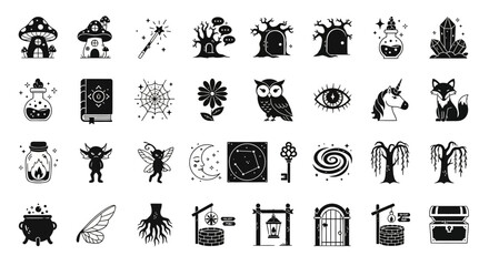 Enchanted forest magic icons and mystical fantasy elements set © Monochrome studio