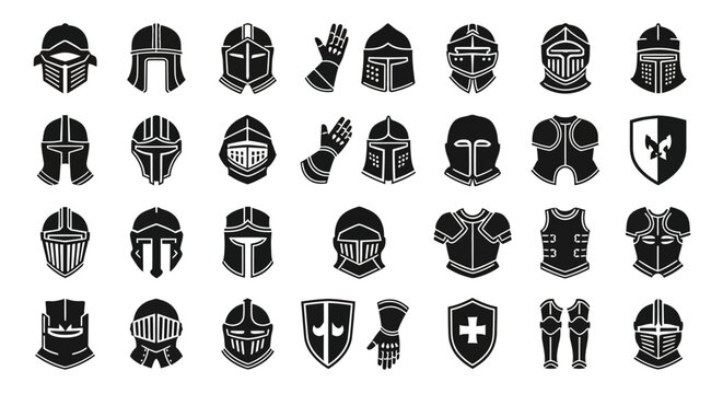 Medieval knight armor set including helmets shields and gauntlets