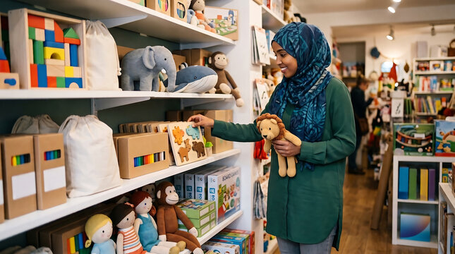 Woman Buys Toys in a Child Friendly Store